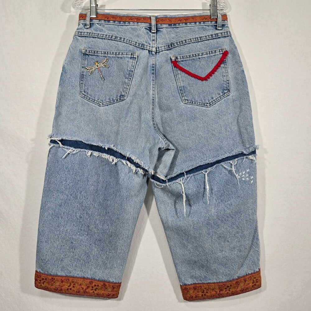 VINTAGE 90s UPCYCLE Handmade Patchwork Super Girly BOHO Baggy Capri Jean Size 12 - Picture 3 of 17